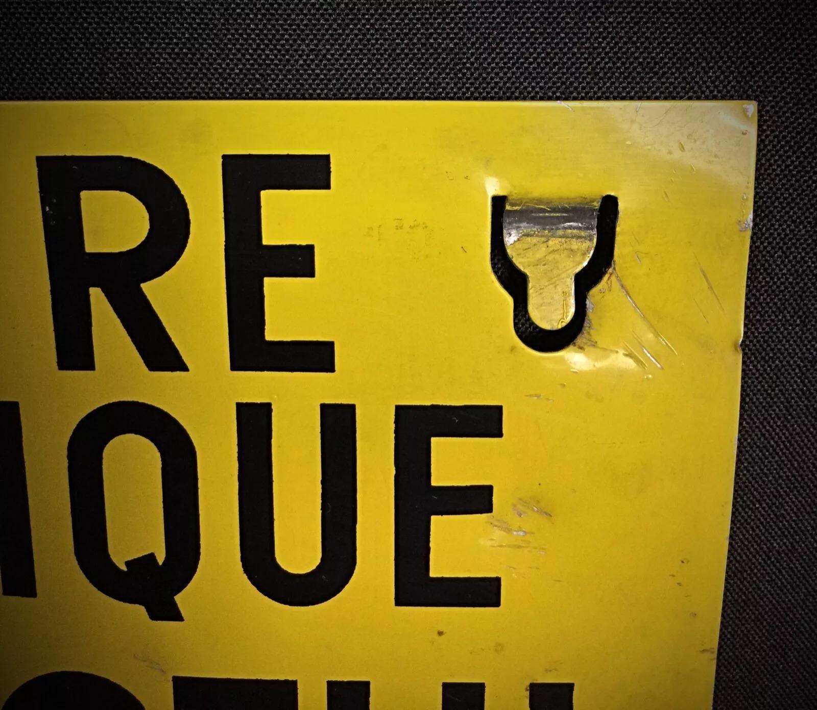 Add a unique piece of industrial history to your collection with this vintage double-sided electric fence sign. Featuring embossed lettering, this sign was used to warn about electric fencing, making it both a functional and collectible item. The