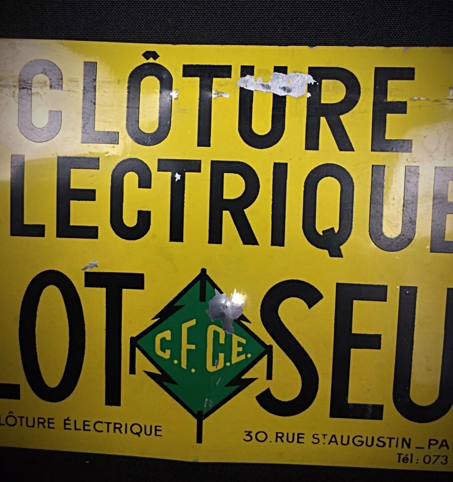 20th Century Vintage Double-Sided Electric Fence Sign, Embossed Metal - 2Y282 For Sale