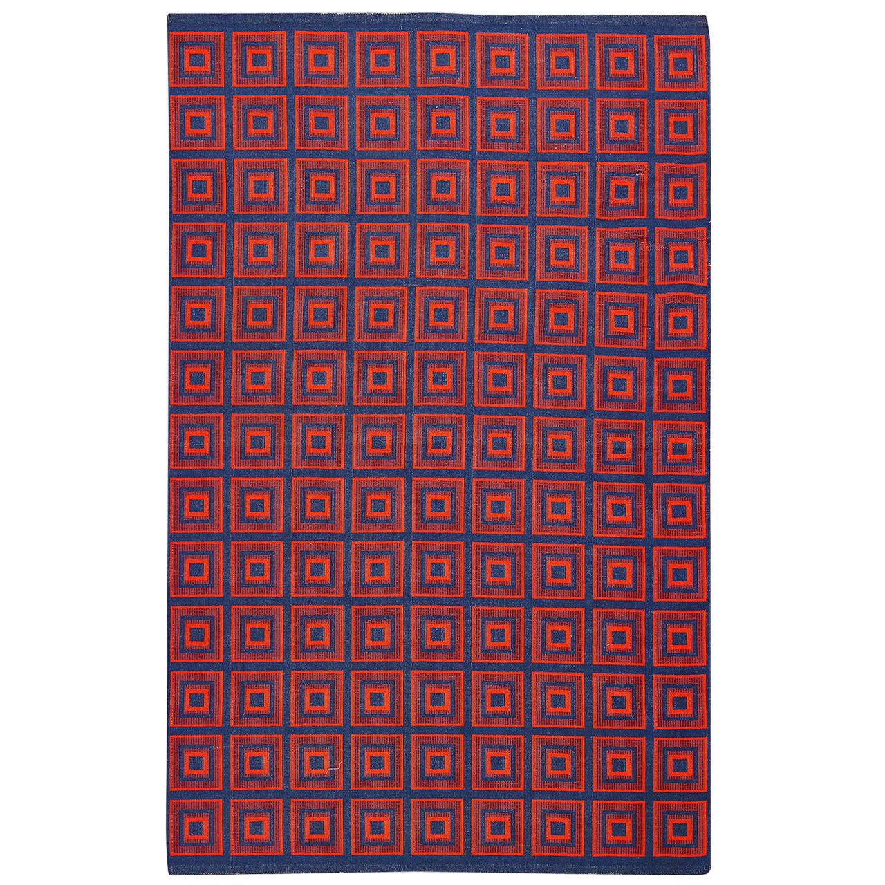 Tapis Kilim suédois à motif carré artistique double face de 5' x 7'8".