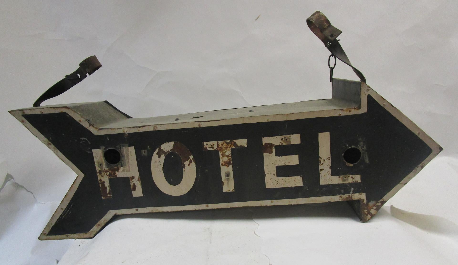 Vintage Double Sided Three Dimensional Tin Arrow Hotel Sign on Metal Brackets 1