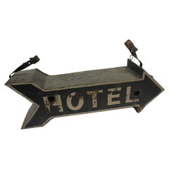 Vintage Double Sided Three Dimensional Tin Arrow Hotel Sign on Metal Brackets