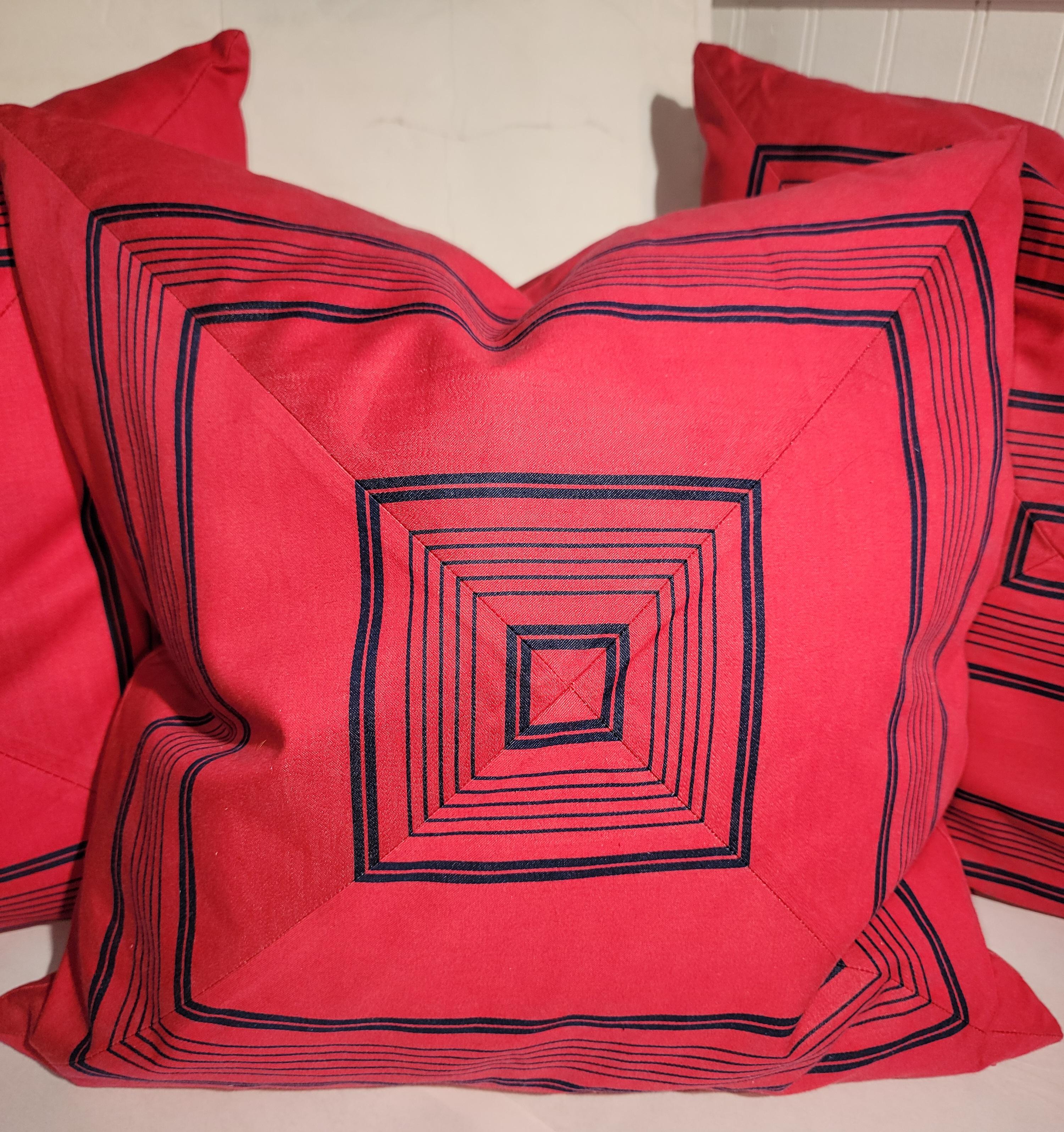 20Thc Red & blue hand pieced ticking pillows,collection of three pillows.These pillows are down & feather fill.