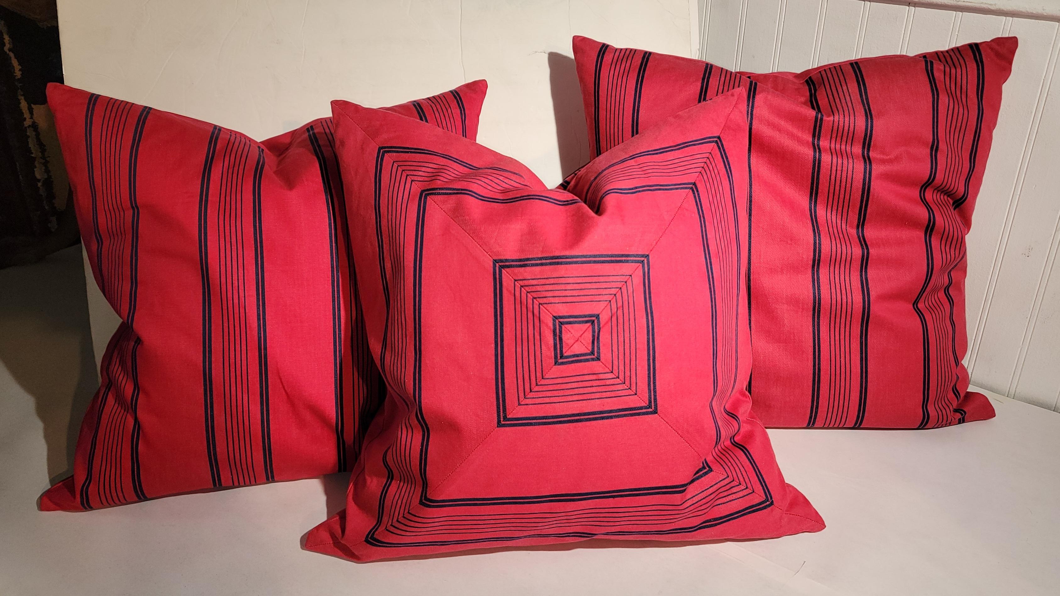 American Vintage Double Sided Ticking Pillows-Collection of Three For Sale