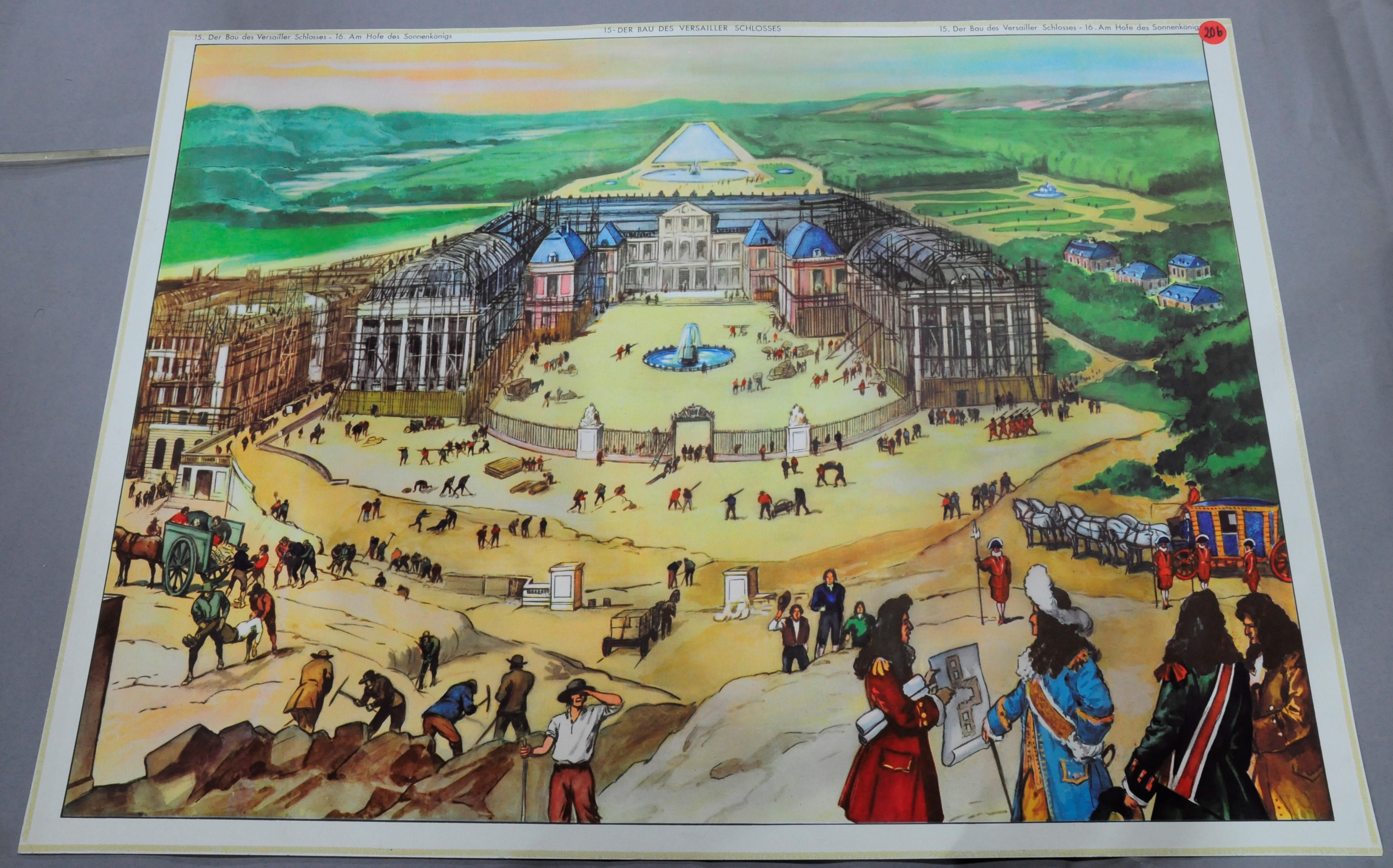 The double sided vintage poster shows the interior of the palace of the Sun King Louis XIV. and on the backside it shows the construction of the palace of Versailles. Colorful print on paper.
Measurements:
Width 76cm (29.92 inch)
Height 56 cm (22.05