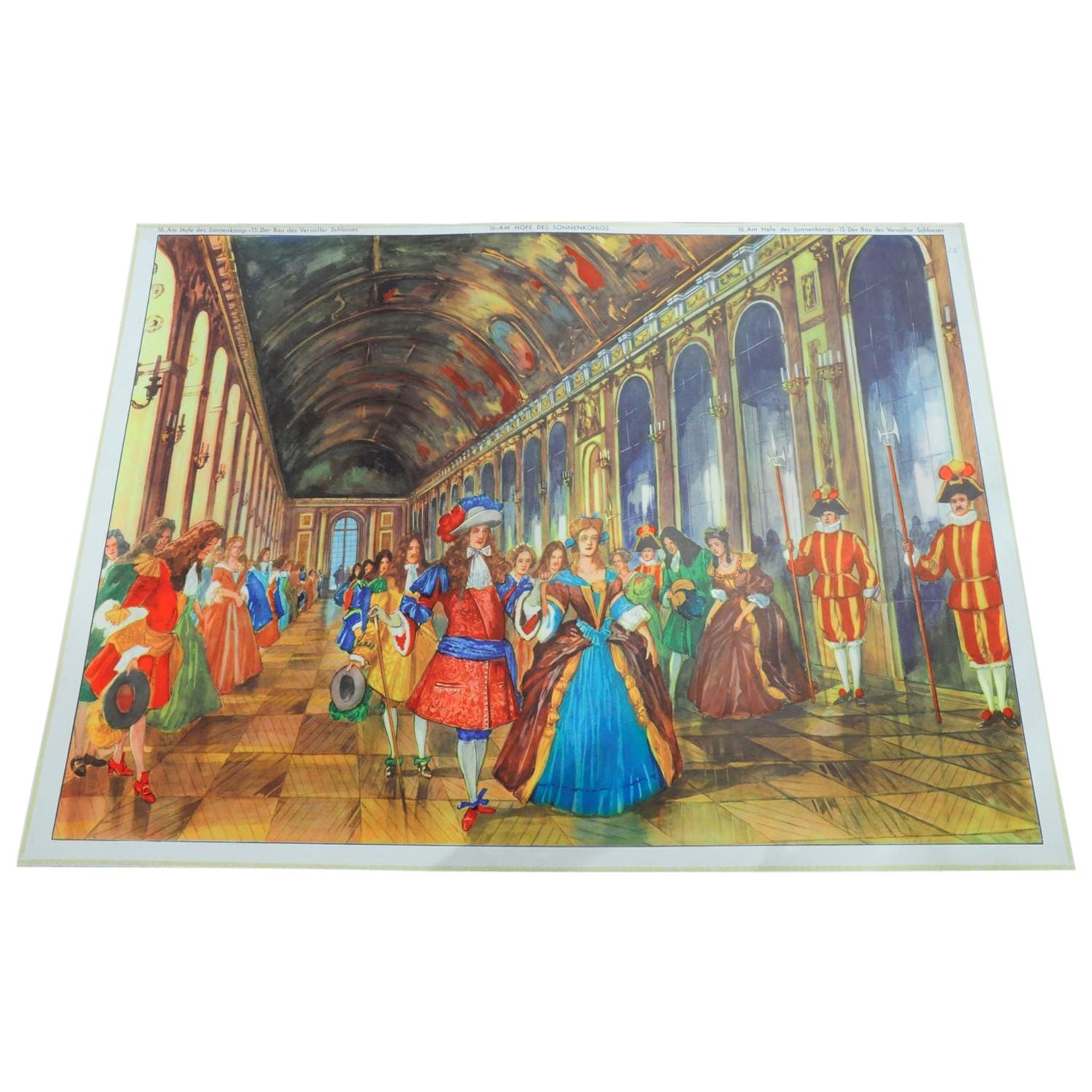 Vintage Double-Sided Wall Chart Build of Versailles Palace Life of Sun King