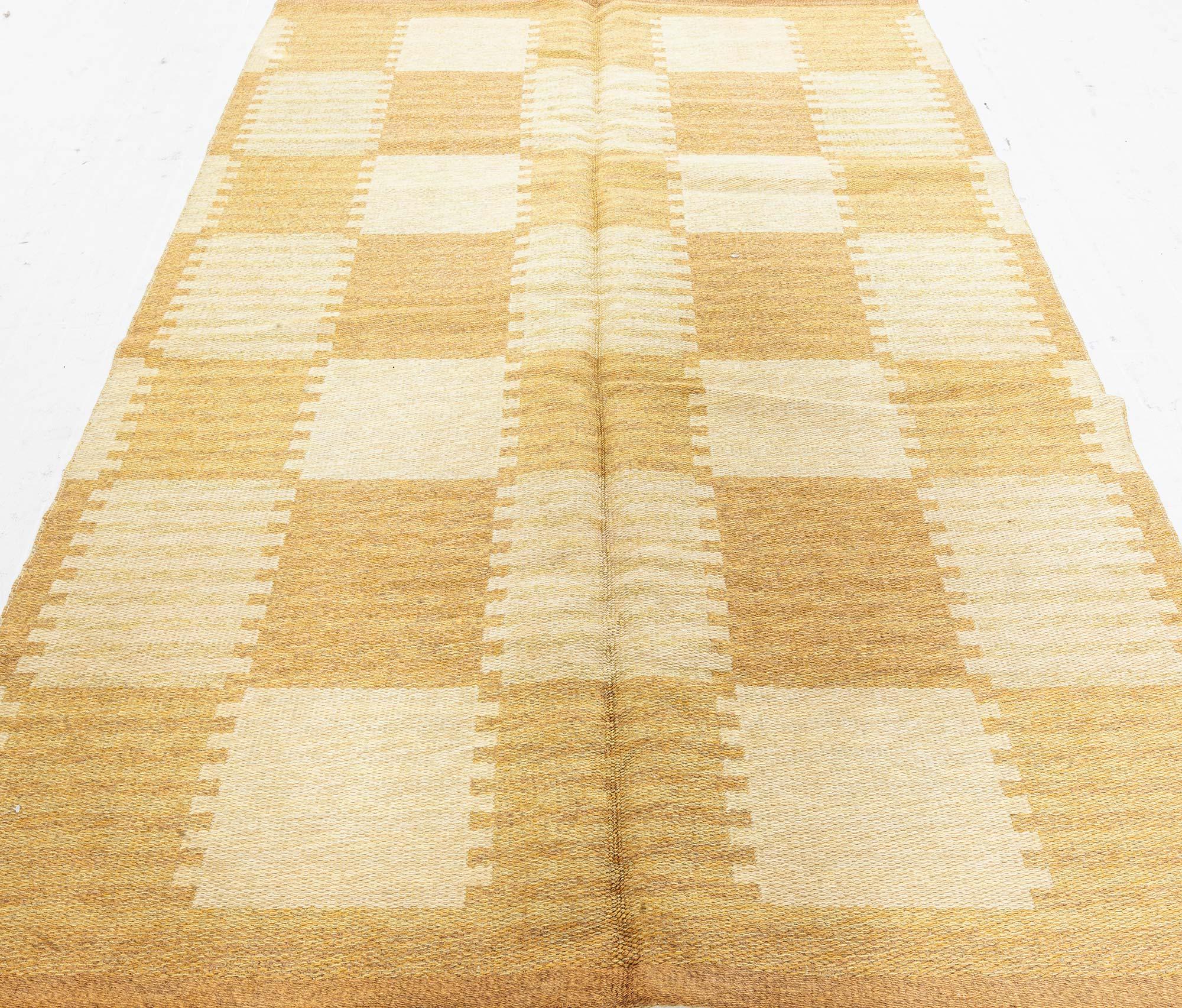 Mid-Century Modern Vintage Double Sided Yellow Swedish Flat-Weave Rug For Sale