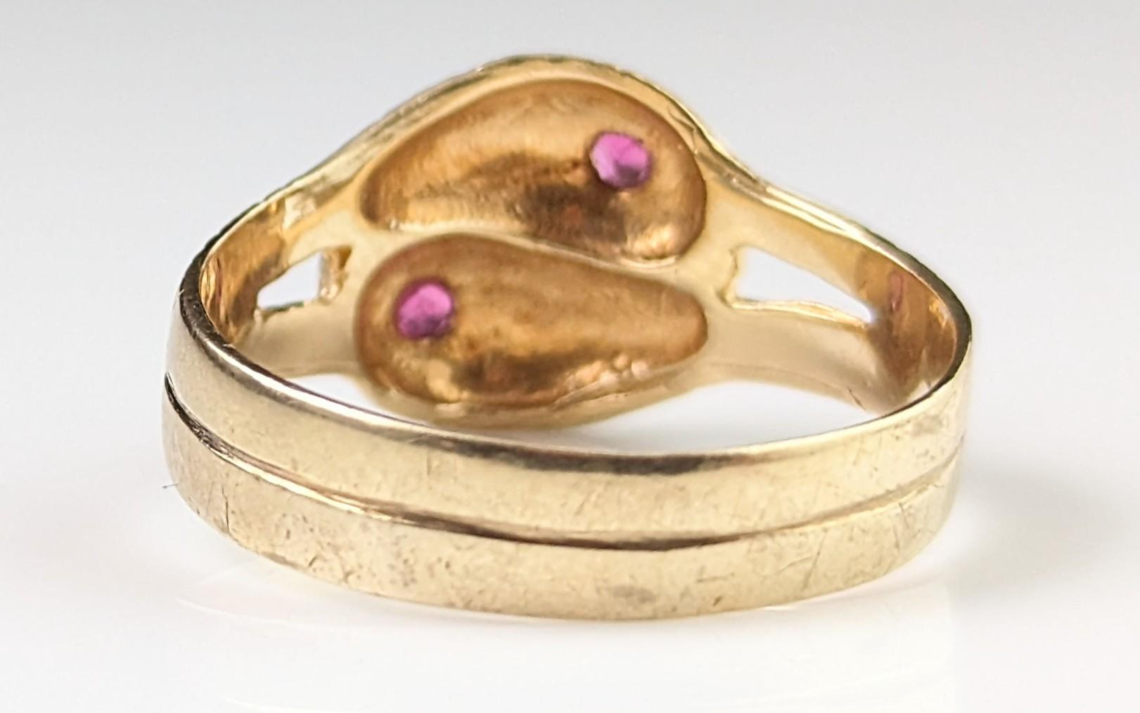 Vintage double snake ring, 9k yellow gold, Ruby 4