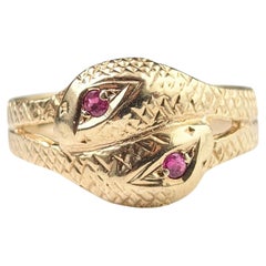 Vintage double snake ring, 9k yellow gold, Ruby 