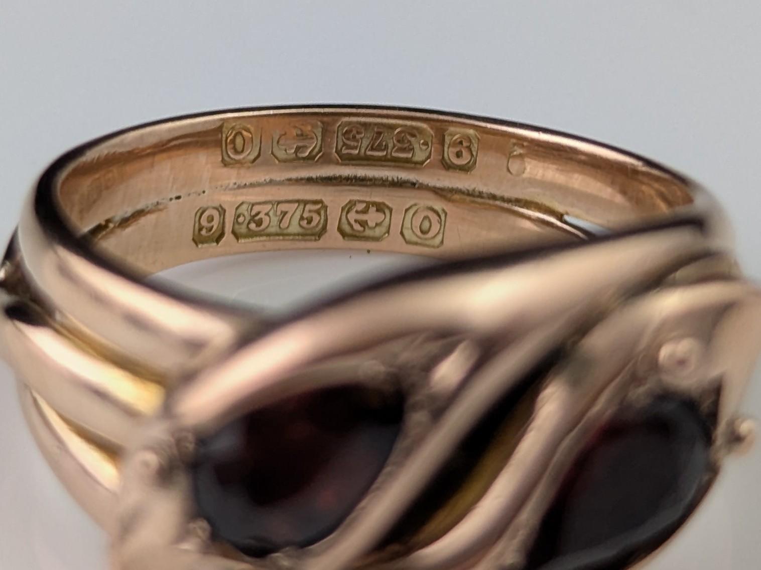Vintage Double snake ring, Garnet, 9k rose gold 8