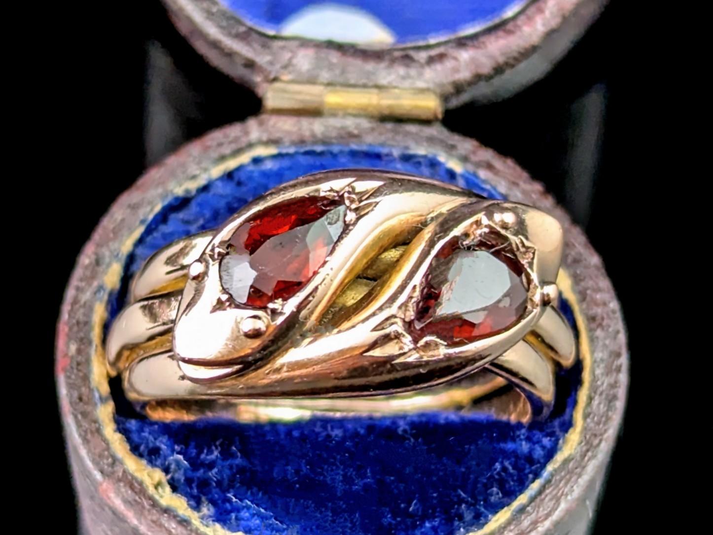 Women's or Men's Vintage Double snake ring, Garnet, 9k rose gold