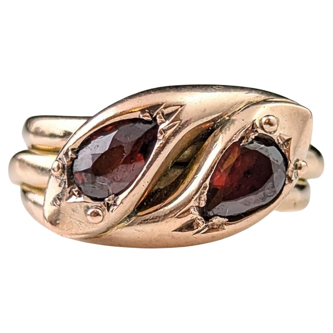 Vintage Double snake ring, Garnet, 9k rose gold