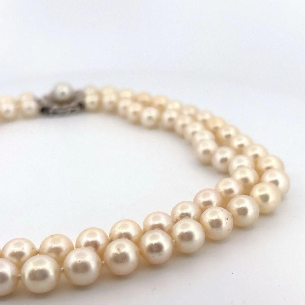 Single Cut Vintage Double Strand 14K White Gold & Diamond Clasp 8.50mm Akoya Pearl Necklace For Sale