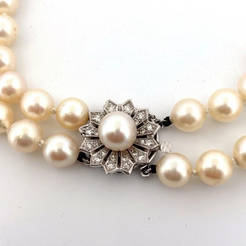 Vintage Double Strand 14K White Gold & Diamond Clasp 8.50mm Akoya Pearl Necklace In Good Condition For Sale In Carmel By The Sea, CA
