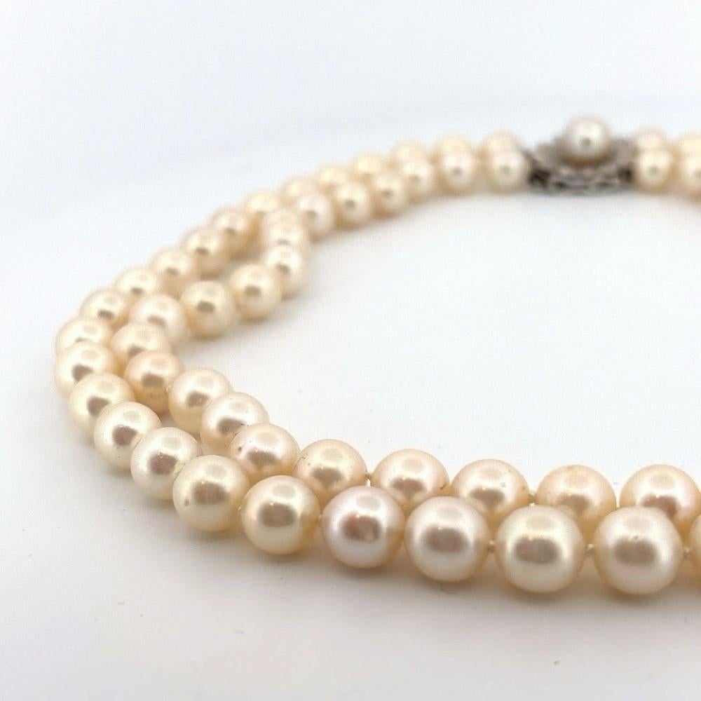 Women's Vintage Double Strand 14K White Gold & Diamond Clasp 8.50mm Akoya Pearl Necklace For Sale