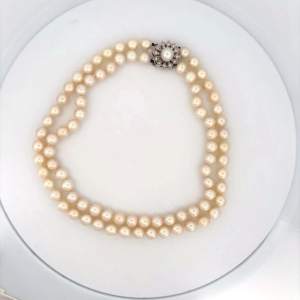Vintage Double Strand 14K White Gold & Diamond Clasp 8.50mm Akoya Pearl Necklace For Sale 1