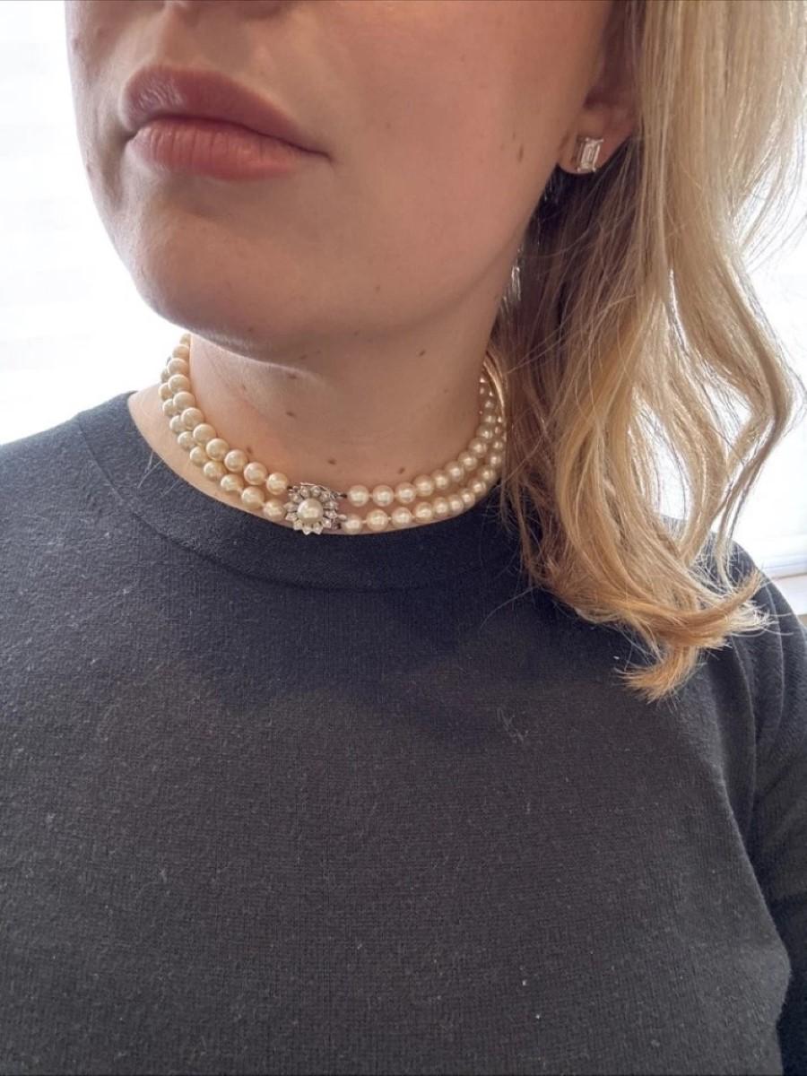 Vintage Double Strand 14K White Gold & Diamond Clasp 8.50mm Akoya Pearl Necklace For Sale 2