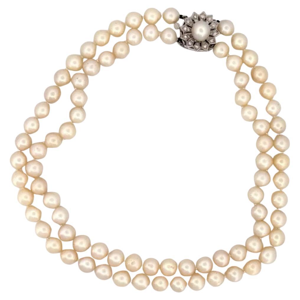 Vintage Double Strand 14K White Gold & Diamond Clasp 8.50mm Akoya Pearl Necklace For Sale