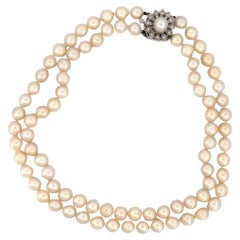 Vintage Double Strand 14K White Gold & Diamond Clasp 8.50mm Akoya Pearl Necklace