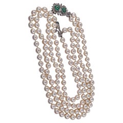 Vintage Double Strand 26" Cultured Japanese Pearl Emerald Clasp 18K WG Necklace
