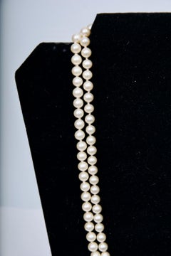 Vintage Double Strand Long Pearl Necklace with Pearl and Rhinestone Clasp