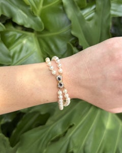 Vintage-Perlenarmband mit zwei Strängen, Saphir und Diamanten, 14-karätiges Gelbgold