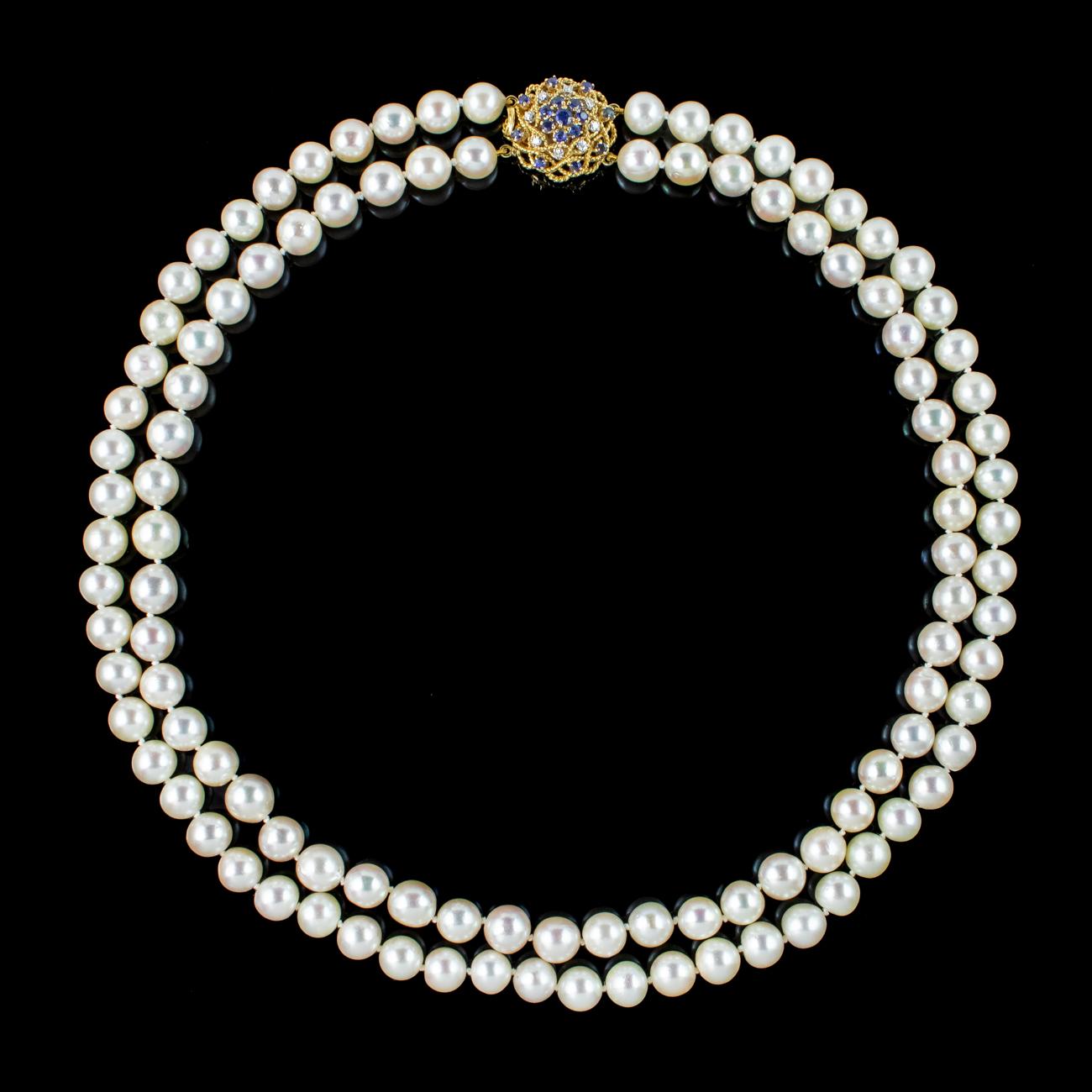 Round Cut Vintage Double Strand Pearl Necklace Sapphire Diamond Clasp For Sale