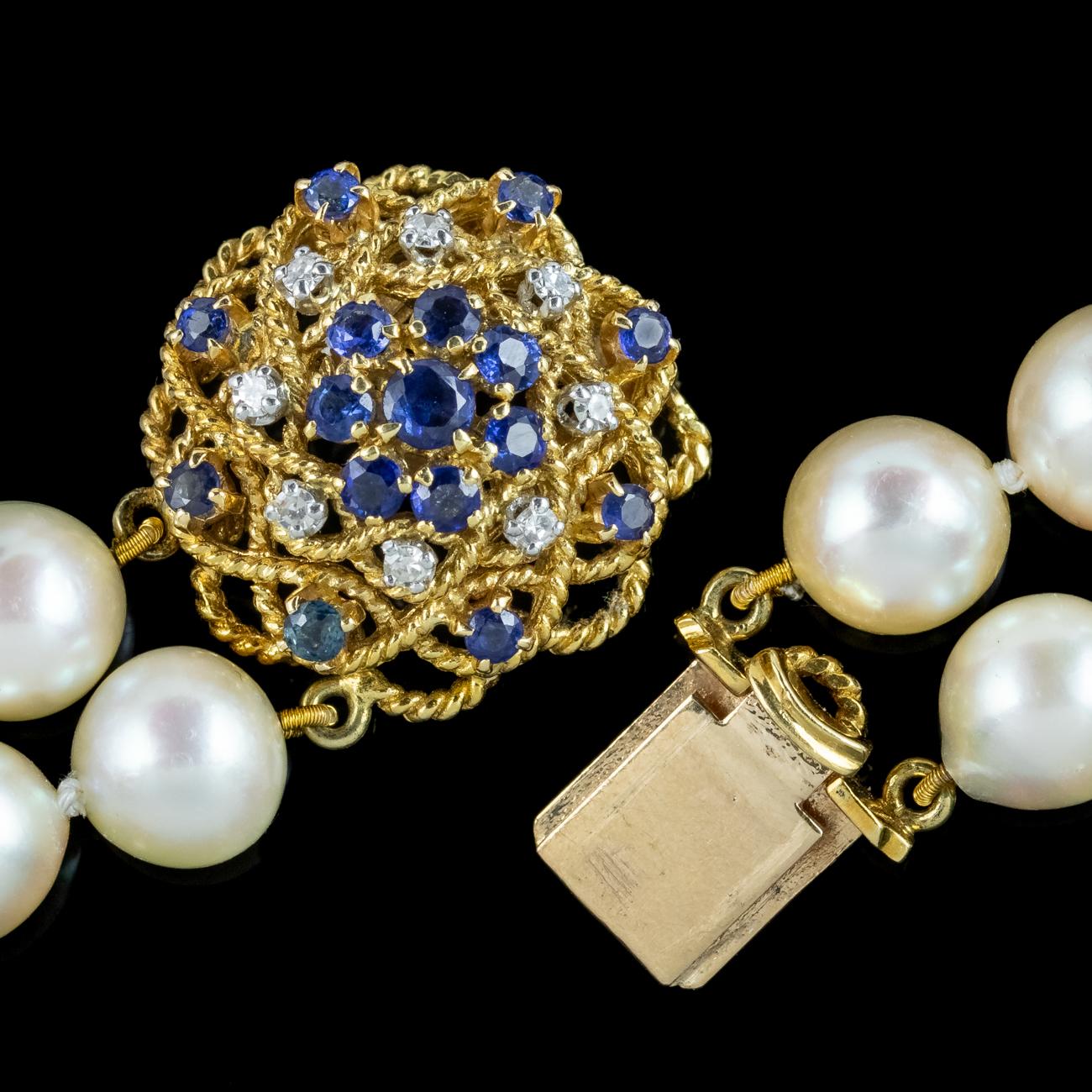 Women's Vintage Double Strand Pearl Necklace Sapphire Diamond Clasp For Sale