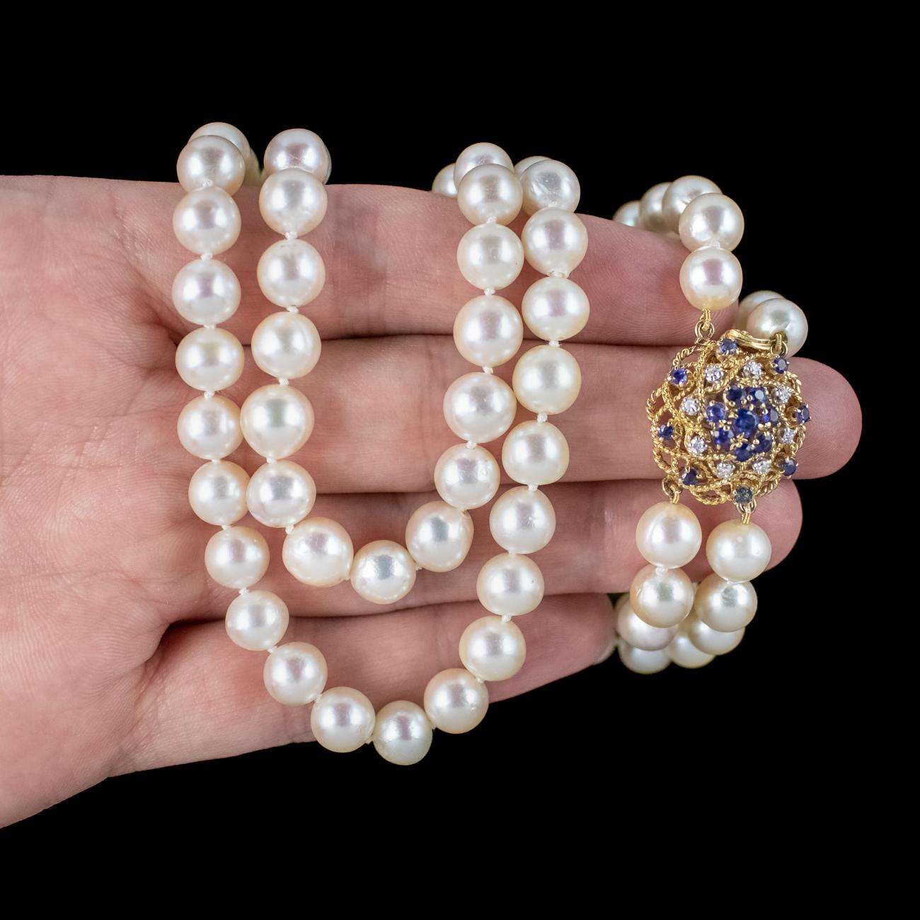 Vintage Double Strand Pearl Necklace Sapphire Diamond Clasp For Sale 3