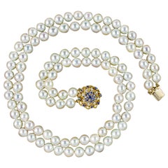 Vintage Double Strand Pearl Necklace Sapphire Diamond Clasp
