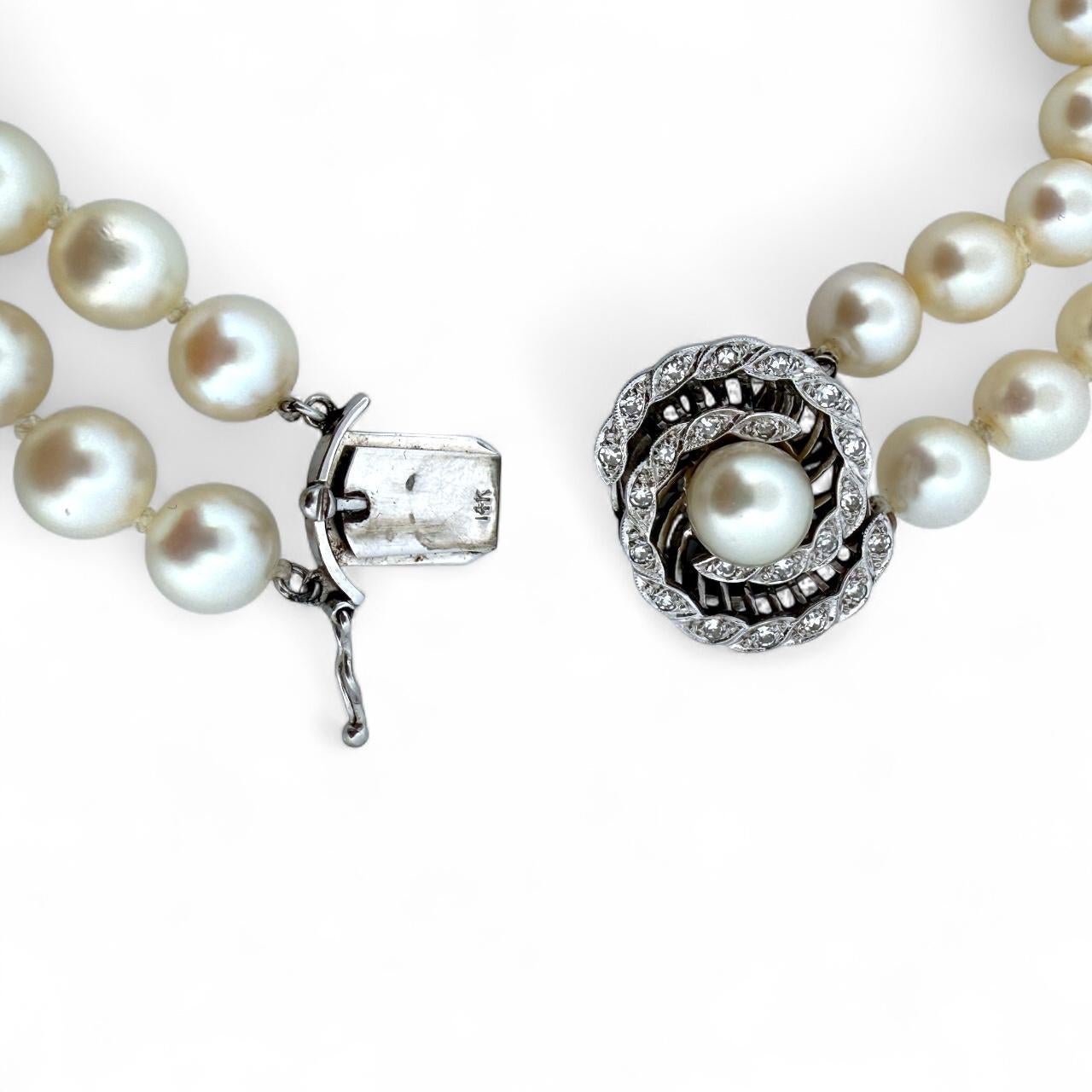 Collana di perle d'epoca a doppio filo Chiusura con diamanti in oro bianco 2