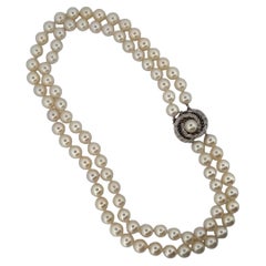 Vintage Double Strand Pearl Necklace White Gold Diamond Clasp