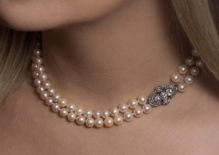 Vintage Double Strand Pearl Necklace with Diamond Clasp at 1stDibs