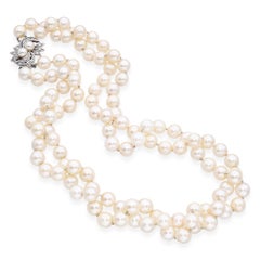 Vintage Double Strand Pearl Necklace with White Gold and Diamond Clasp