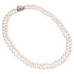 Vintage Double Strand Pearl Necklace with White Gold and Diamond Clasp