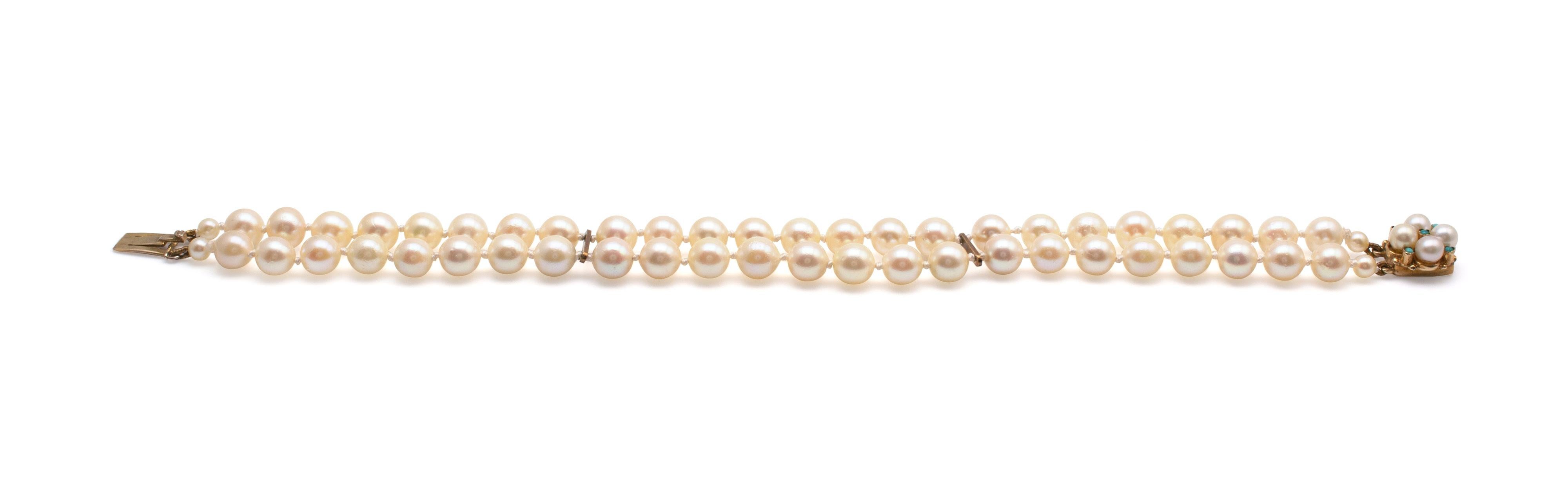 Vintage Double Strand Pearl Turquoise Bracelet Gold Clasp circa 1970s For Sale 4