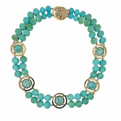 Vintage Double Strand Türkis Halsband mit Gold & Diamant-Stationen von Tambettii