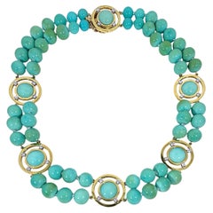 Vintage Double Strand Türkis Halsband mit Gold & Diamant-Stationen von Tambettii