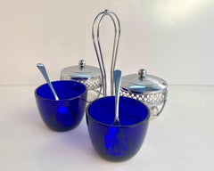 Vintage Double Sugar Bowl in Cobalt Blue Glass With Lids & Spoons, England, 1980