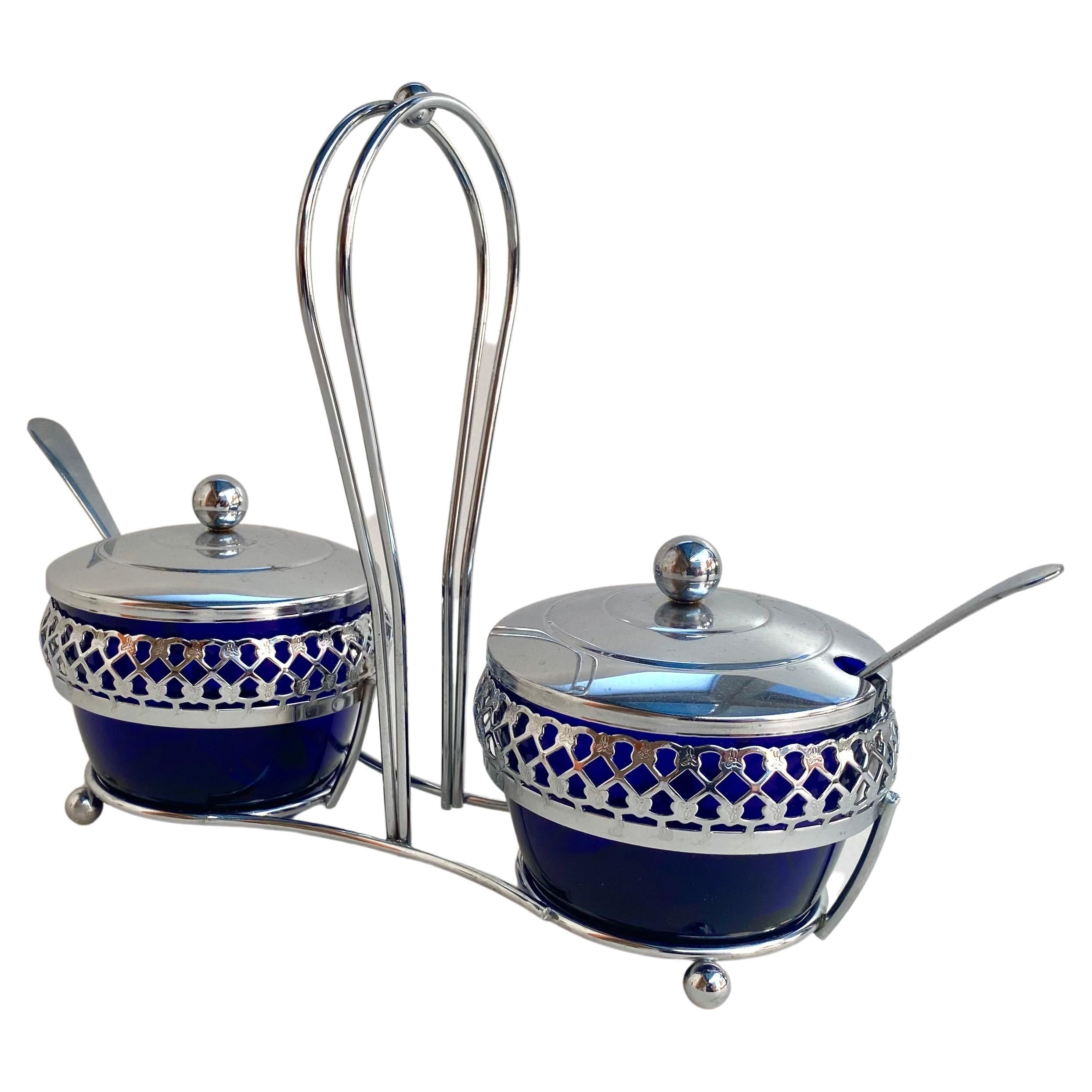 Vintage Double Sugar Bowl in Cobalt Blue Glass With Lids & Spoons, England, 1980 For Sale