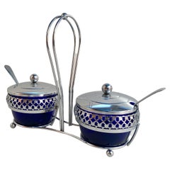 Vintage Double Sugar Bowl in Cobalt Blue Glass With Lids & Spoons, England, 1980
