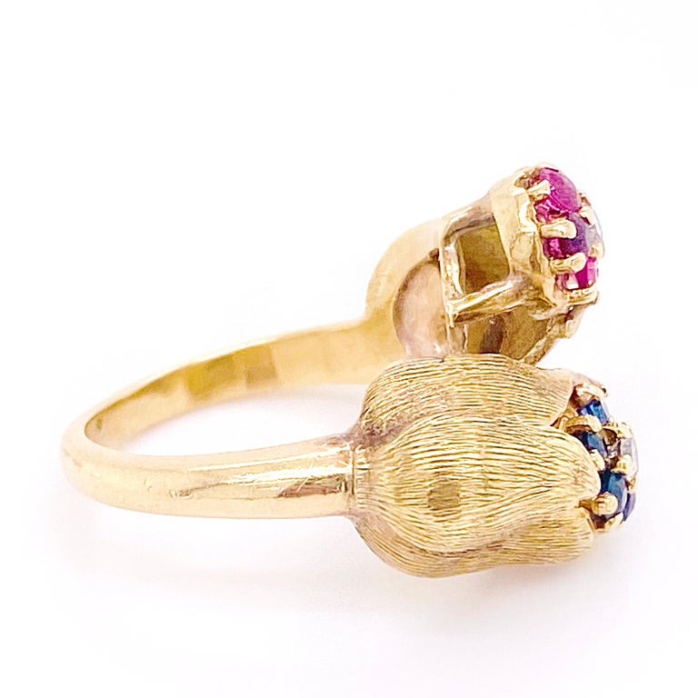 Vintage Double Tulip Ring w Rubies Sapphires and Diamonds Round