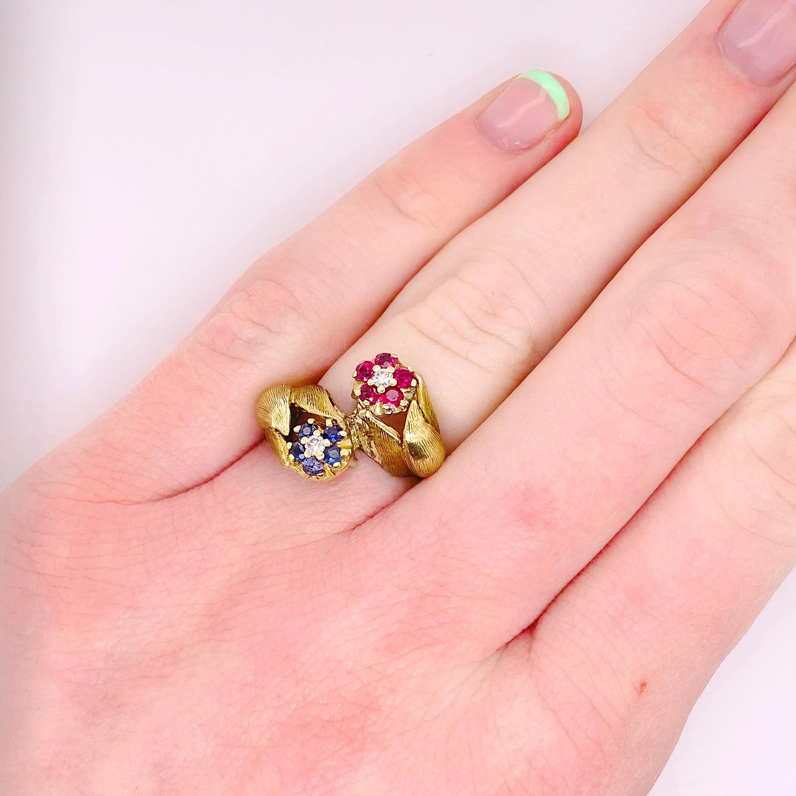 This lovely tulip ring has two gemstone flower clusters accented with diamonds in a very unique styling. Tulip rings were popular in the 1970s and 1980s and this tulip ring has a new twist on the tulip design. A gorgeously detailed gold tulip wraps