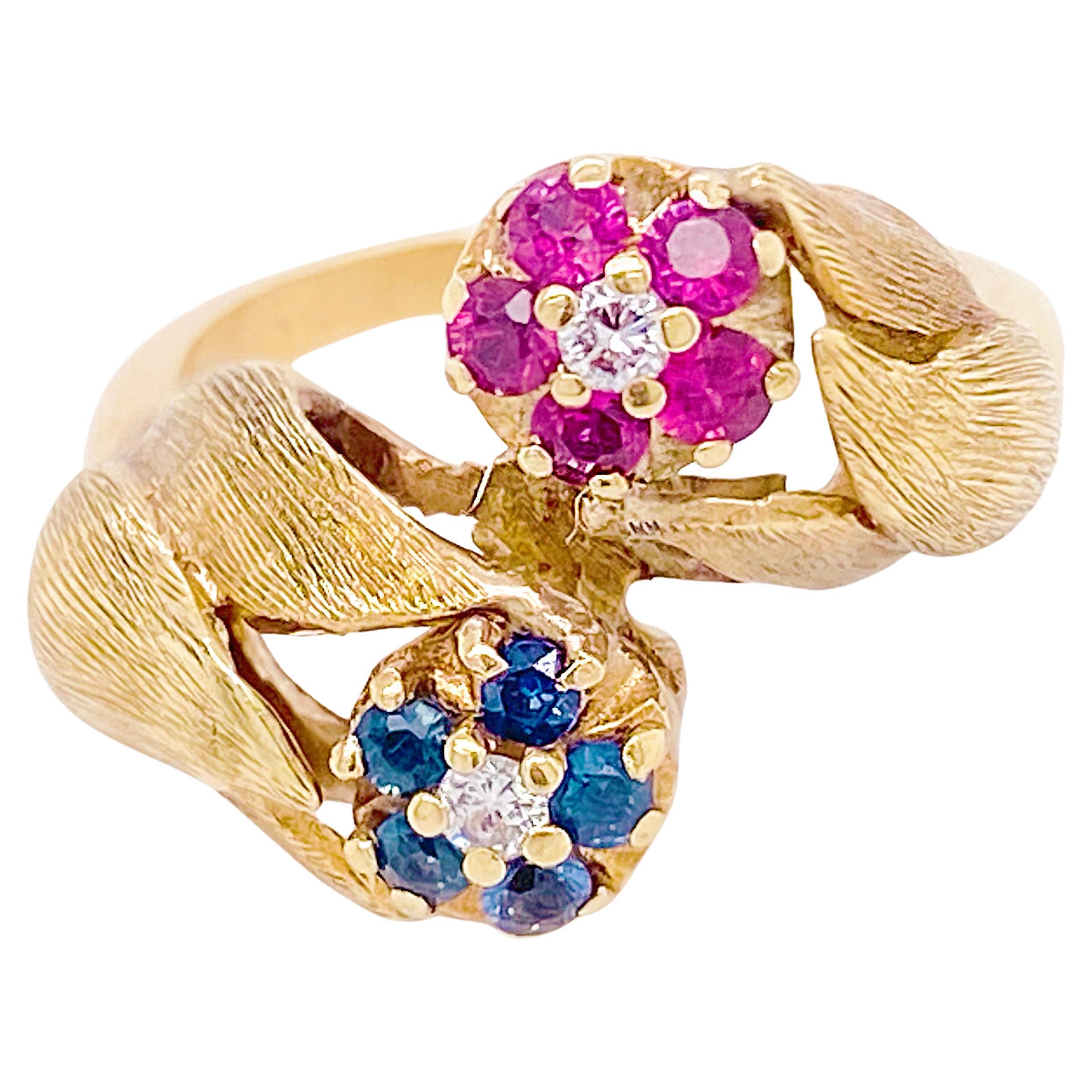 Vintage Double Tulip Ring w Rubies Sapphires & Diamonds Round Clusters in Gold For Sale