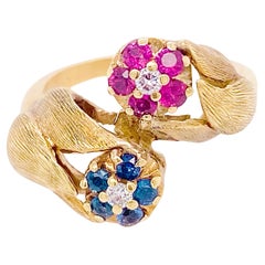 Retro Double Tulip Ring w Rubies Sapphires & Diamonds Round Clusters in Gold