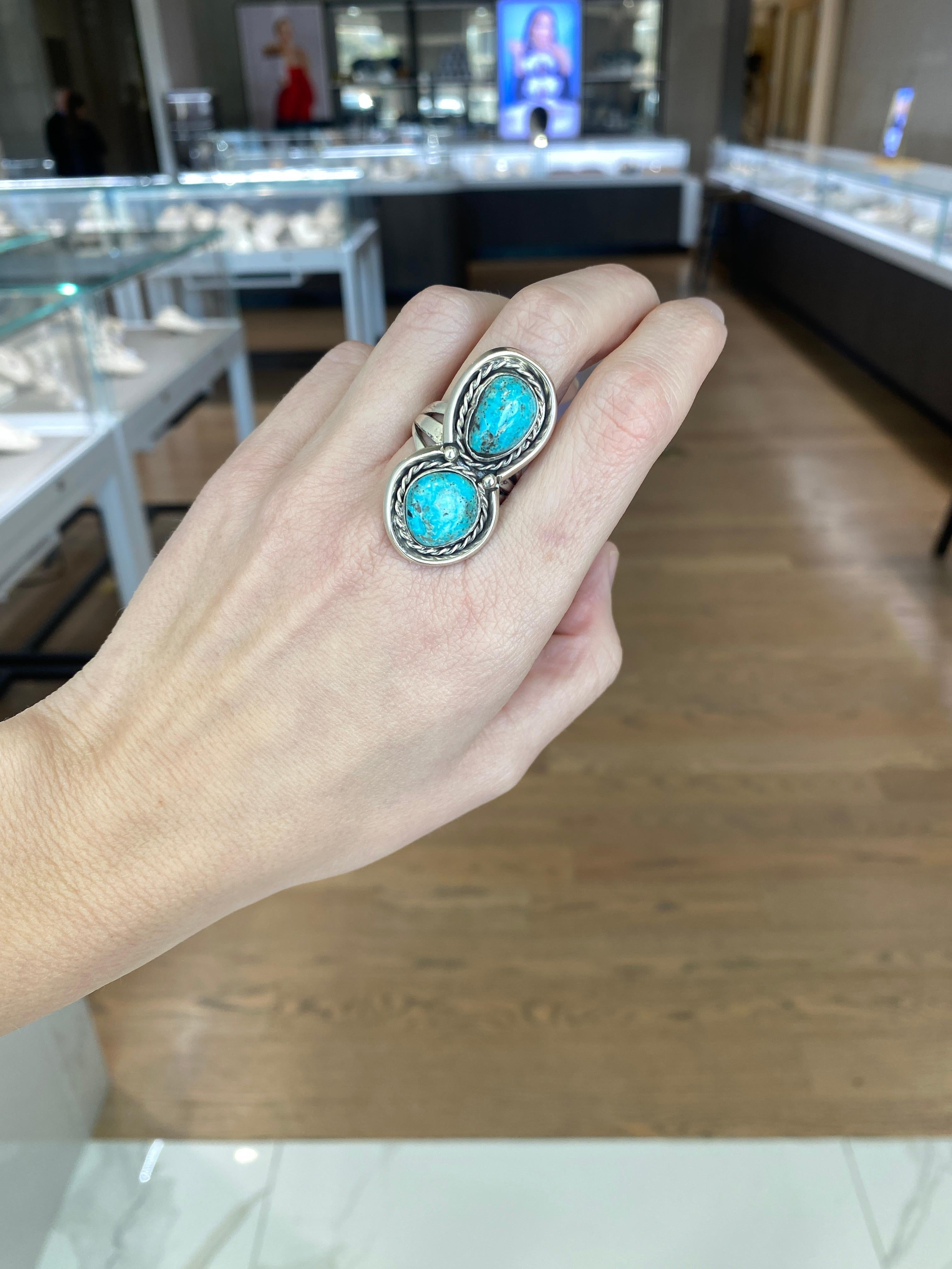 Vintage Double Turquoise Stone Sterling Silver Ring For Sale 5