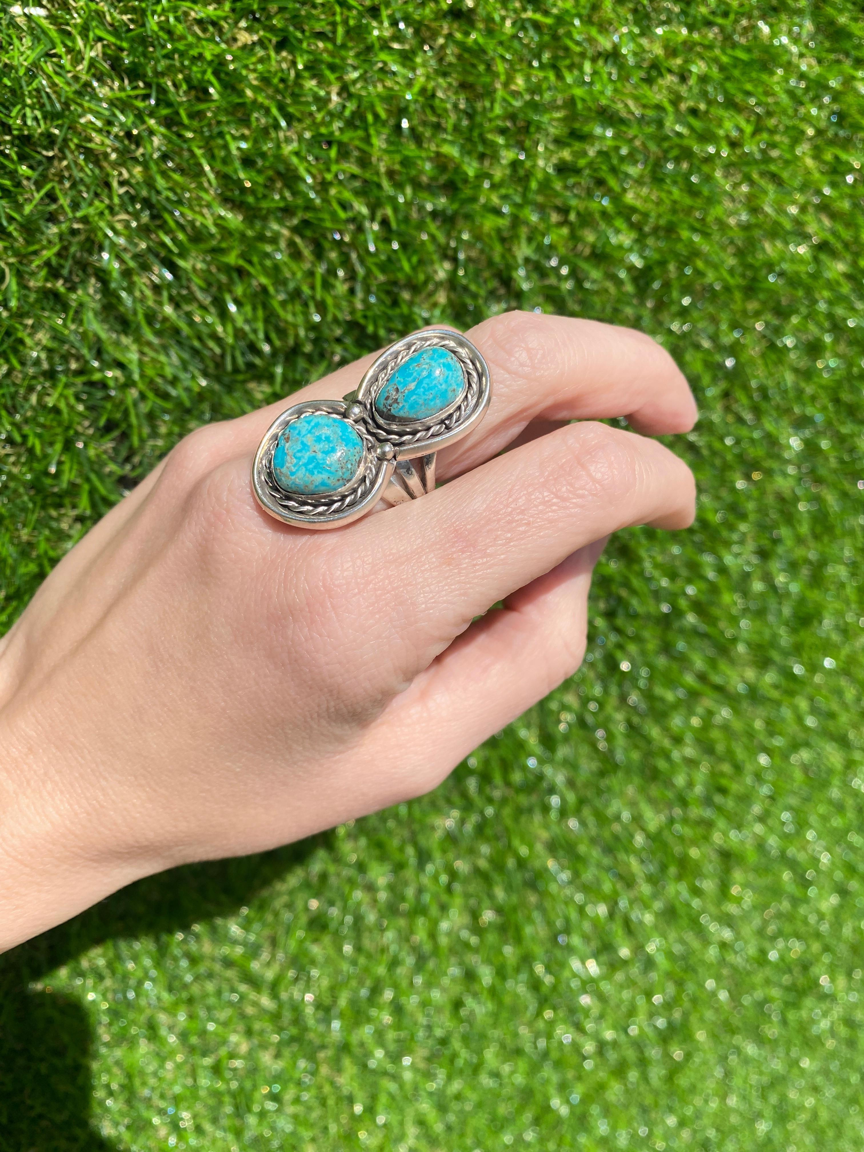 Vintage Double Turquoise Stone Sterling Silver Ring For Sale 6