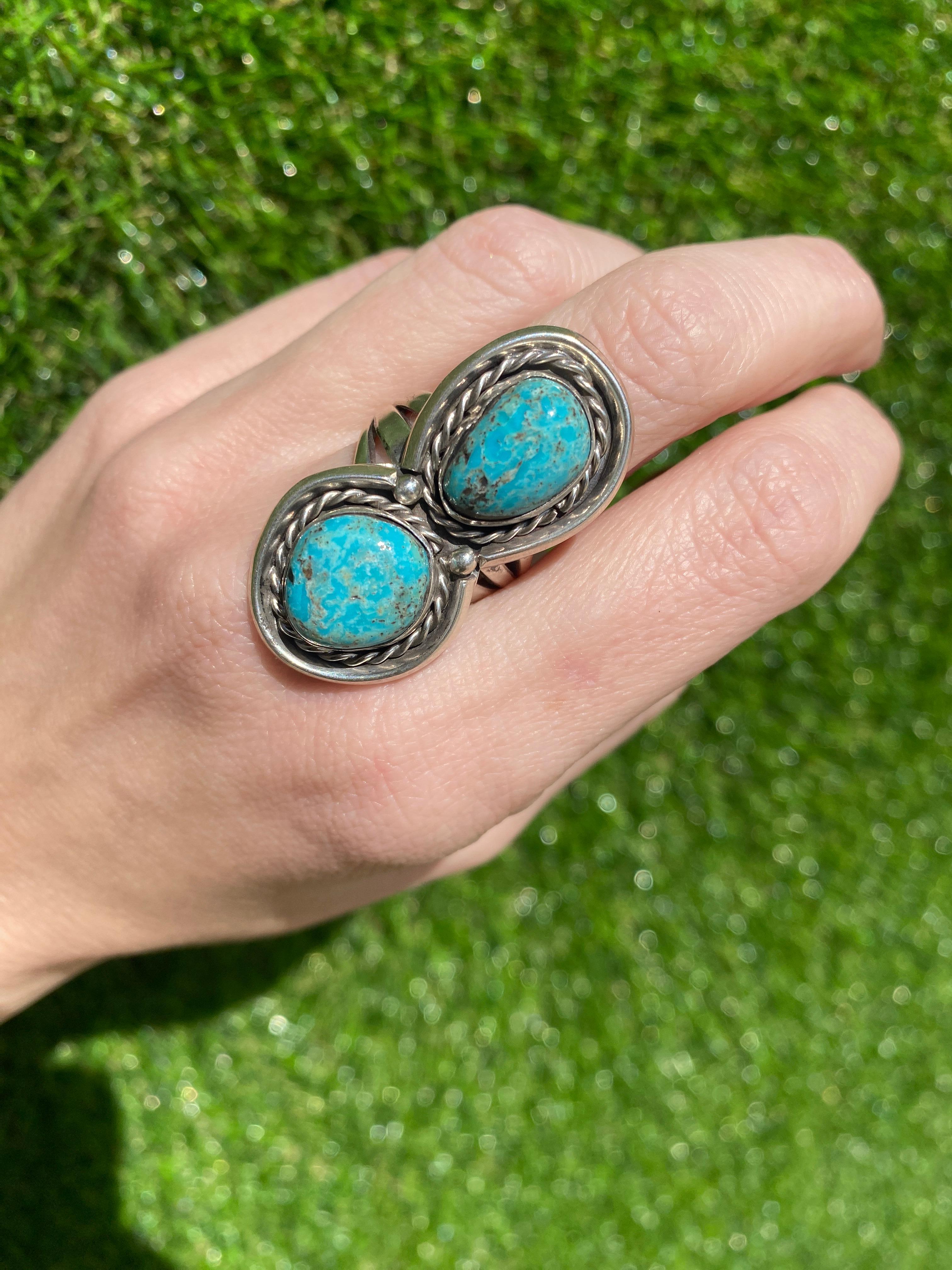 Vintage Double Turquoise Stone Sterling Silver Ring (bague en argent) 7
