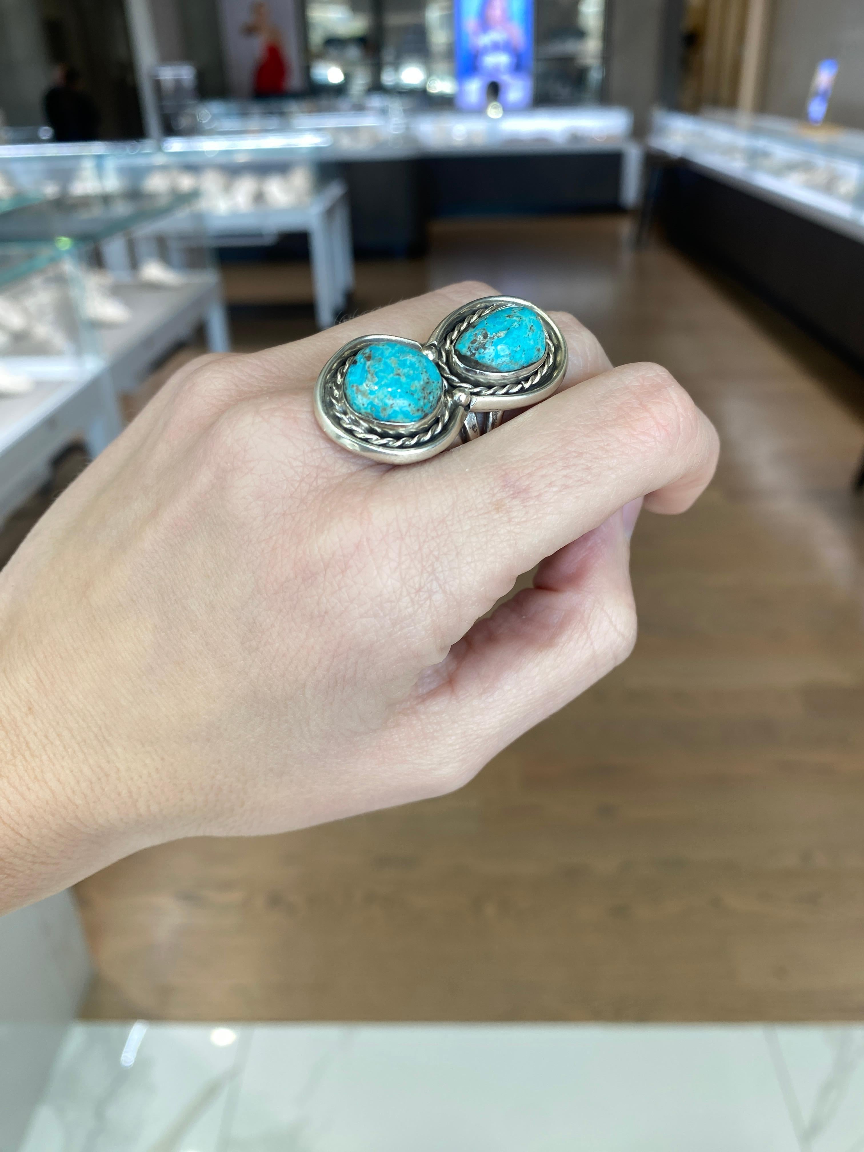 Vintage Double Turquoise Stone Sterling Silver Ring For Sale 8