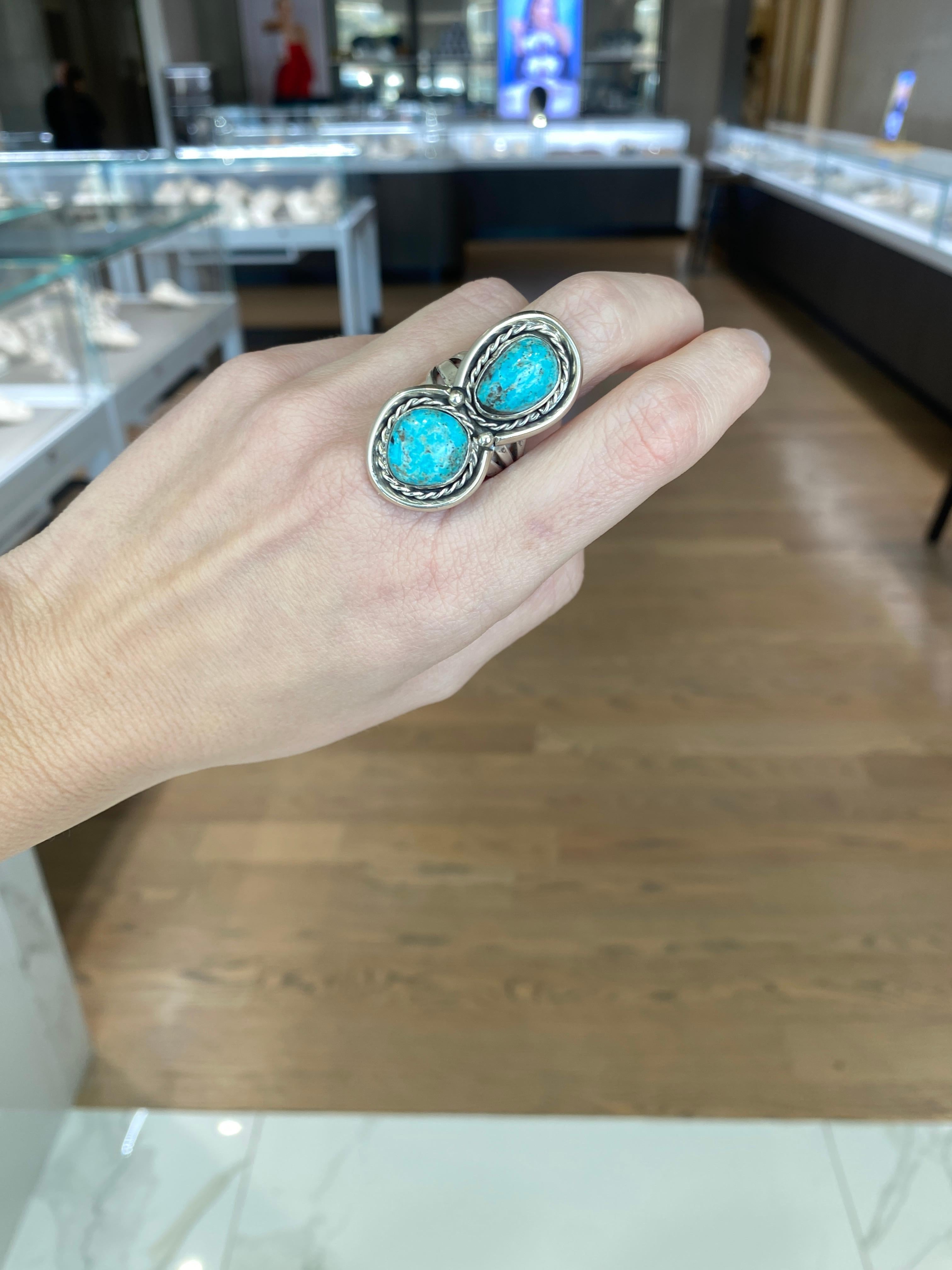 Vintage Double Turquoise Stone Sterling Silver Ring For Sale 9