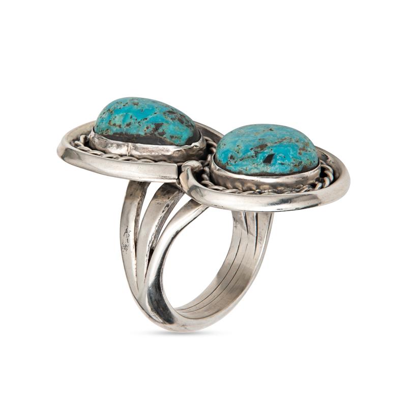 Tumbled Vintage Double Turquoise Stone Sterling Silver Ring For Sale